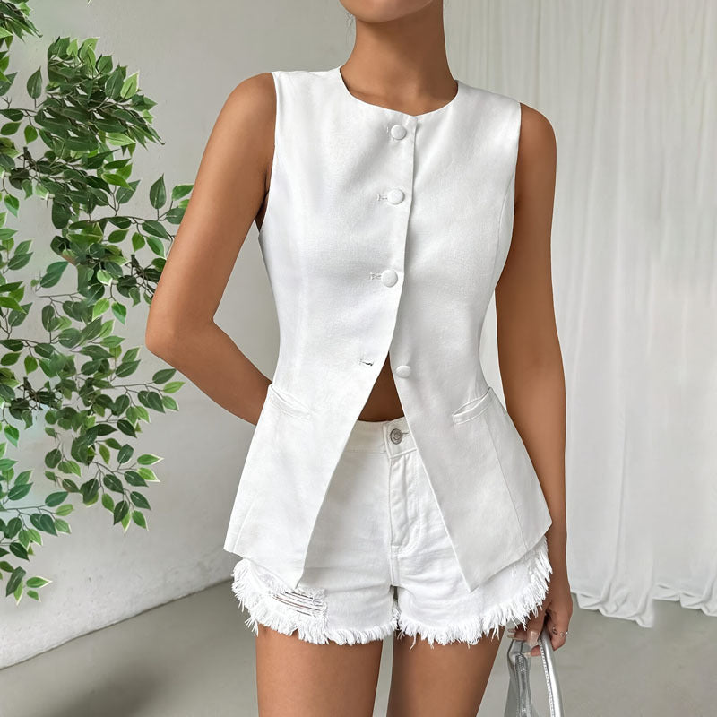 Vienna Linen-Blend Button Vest Top