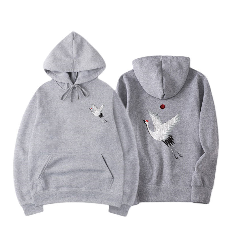 Kapuzenpullover mit Kranich-Stickerei