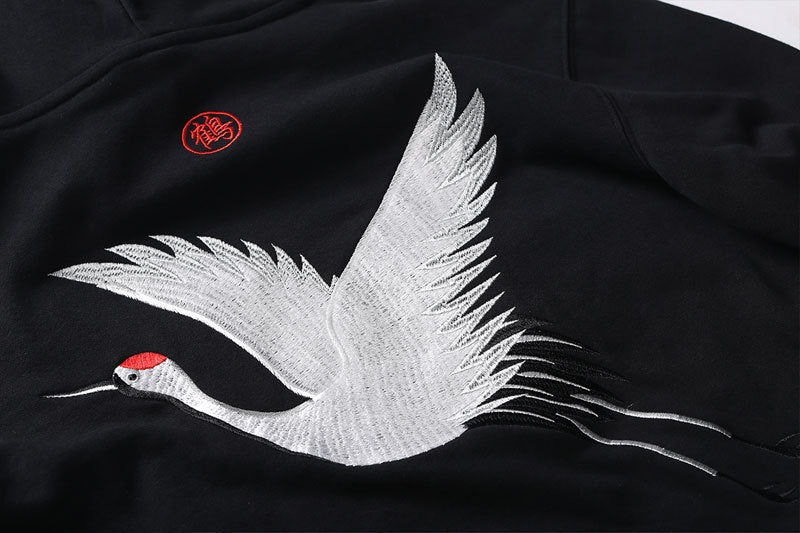 Kapuzenpullover mit Kranich-Stickerei