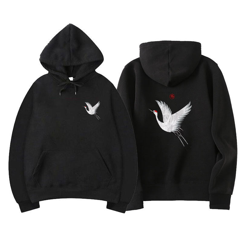 Kapuzenpullover mit Kranich-Stickerei