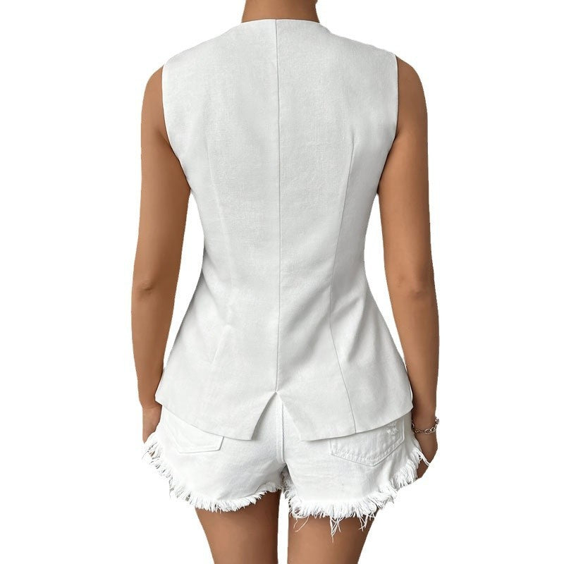 Vienna Linen-Blend Button Vest Top